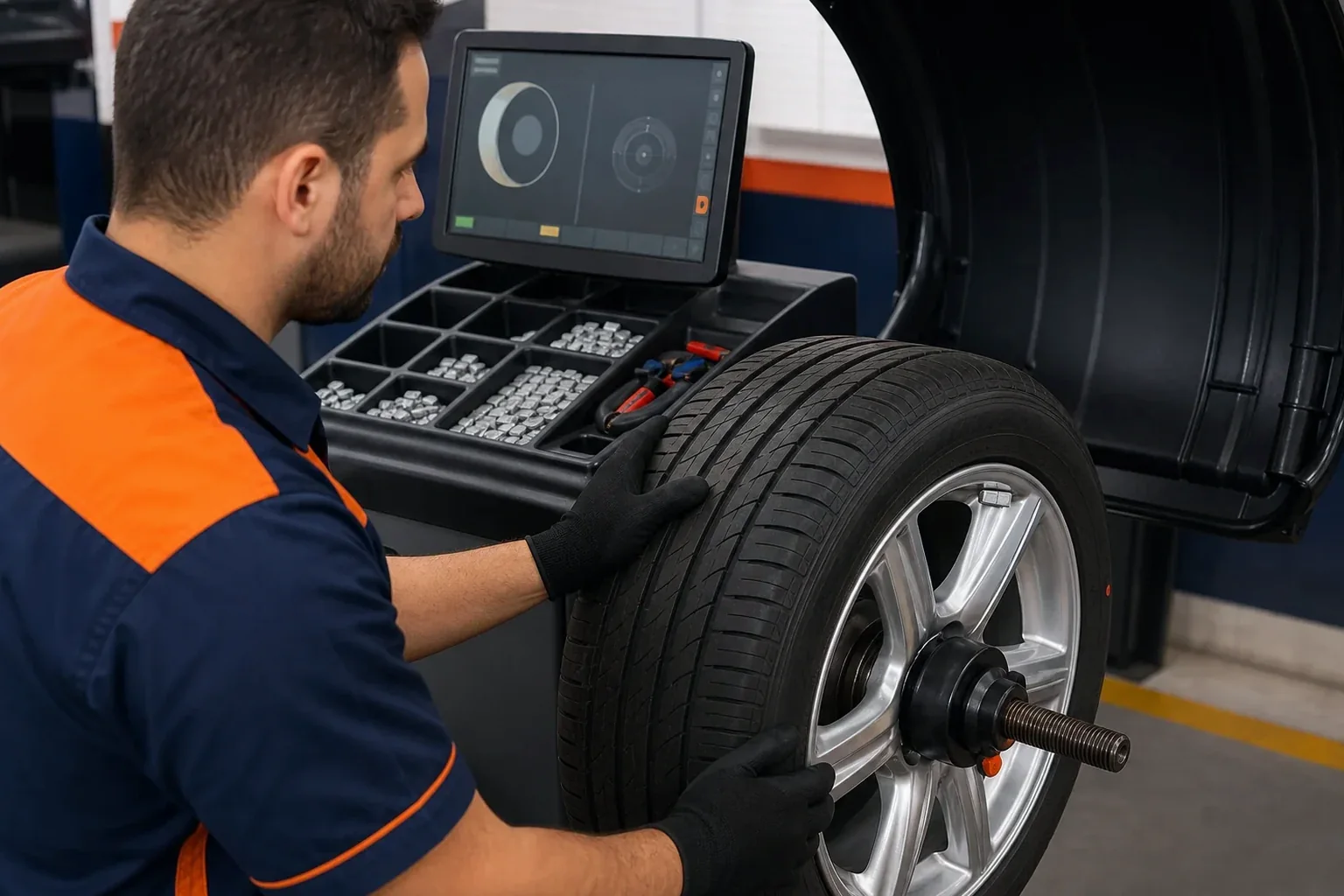 Equipamento de balanceamento de rodas em uma borracharia.